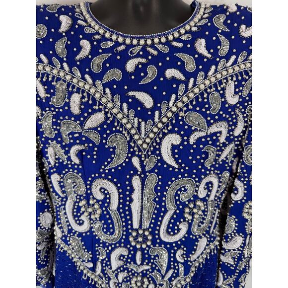 Vintage Silk Cocktail Dress Blue Sequin Beaded Avant Garde - Scala Size Med/Lrg - Picture 10 of 16